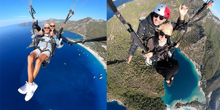 Fethiye Babadağ’da 80’lik çift paraşütle uçtu