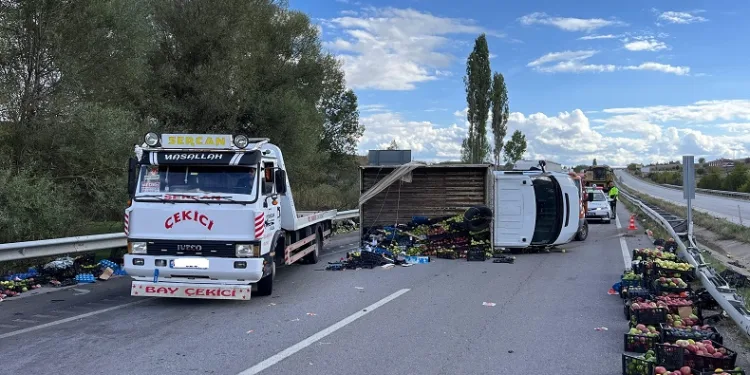 Kamyonet devrildi, elmalar yola saçıldı