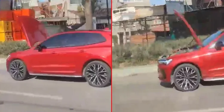 Bursa’da bir otomobil kaputu açık şekilde ilerledi