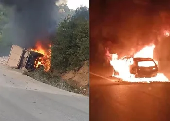 Bursa’da devrilen kamyon alev alev yandı