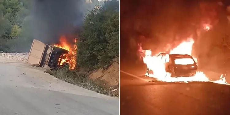 Bursa’da devrilen kamyon alev alev yandı