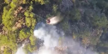 Sarp arazide devam eden orman yangınında alevlerle mücadele sürüyor