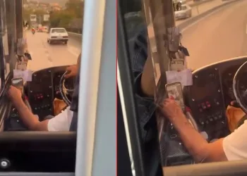 Bursa’da otobüs şoförü direksiyon başında video izledi