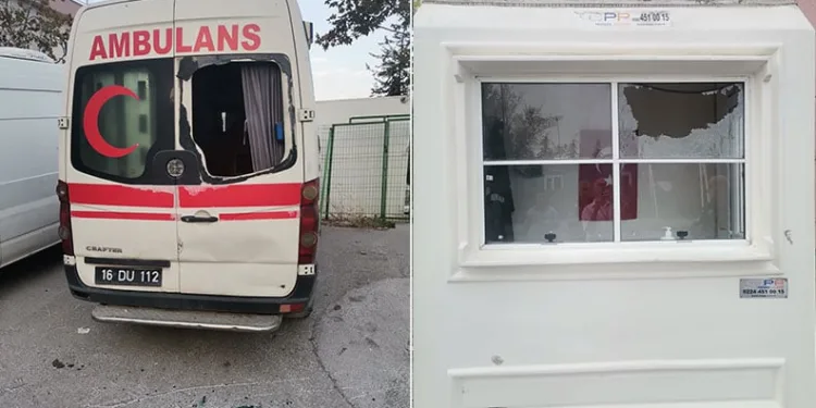 Bursa’da ambulansın ve güvenlik kulübesinin camlarını kırdılar