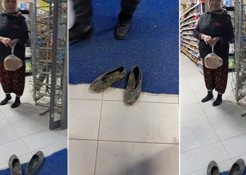 Bursa’da çamurlu ayakkabılarını çıkarıp markete öyle girdi