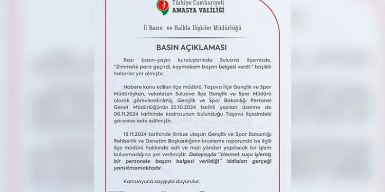 Amasya Valiliği’nden ‘zimmet’ açıklaması