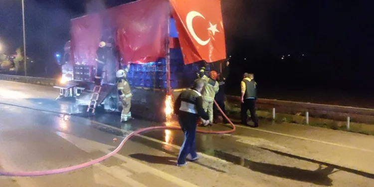 Bursa’da domates yüklü kamyon alevlere teslim oldu
