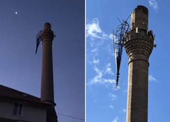 Isparta’da şiddetli rüzgâr cami minaresinin külahını yerinden kopardı