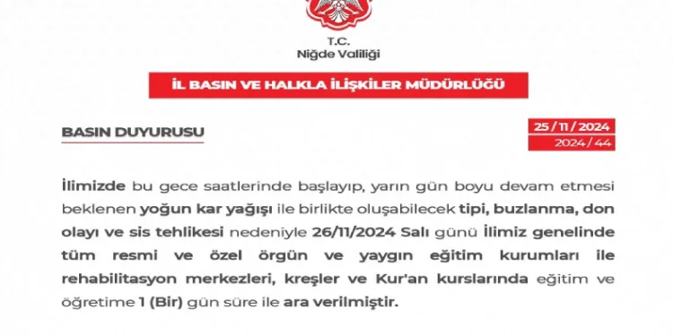 Niğde’de eğitime 1 gün daha ara