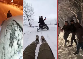 Uludağ’da araca halat bağlayıp kayak yaptılar