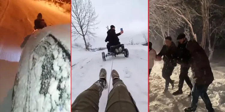Uludağ’da araca halat bağlayıp kayak yaptılar