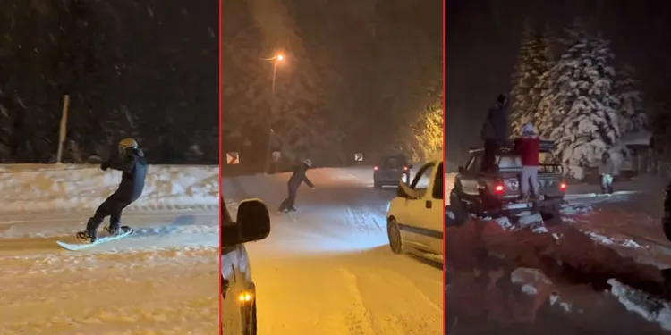 Uludağ’dan şehre snowboard ile indi