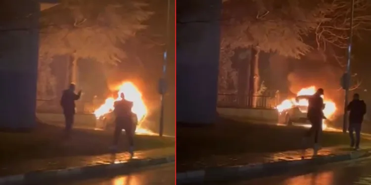 Bursa’da sitenin duvarına çarpan otomobil alev alev yandı
