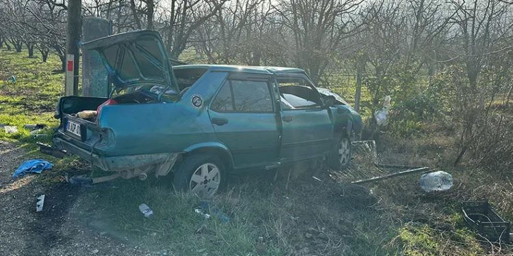 Kontrolden çıkan otomobil direğe çarpıp tarlaya uçtu sürücü yaralandı