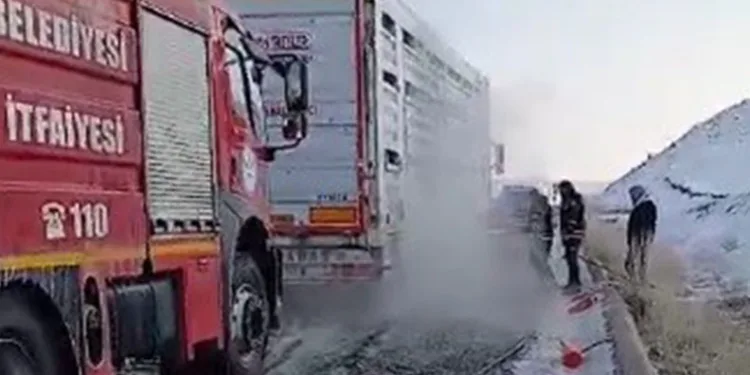 Sarıkamış’ta lastiği patlayan tır alev aldı