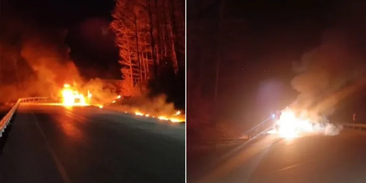 Uludağ’dan inen otomobil yolda yandı