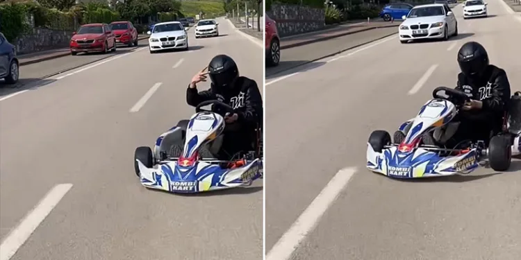 Go kart sürücüsü pisti şaşırdı, trafiğe çıkıp drift attı