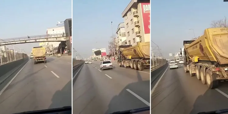 Trafiği hiçe sayan kamyon dakikalarca makas attı