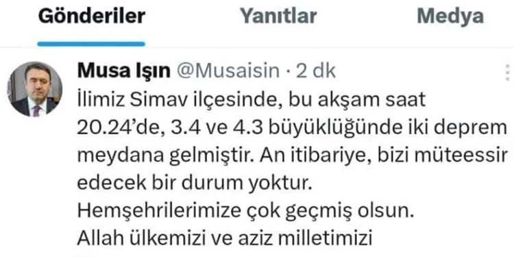 Kütahya’da 4,3 büyüklüğünde deprem