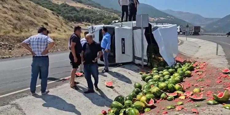 Gaziantep’te virajı alamayan karpuz yüklü kamyonet yan yattı