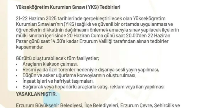 Erzurum Valiliği’nden YKS önlemleri
