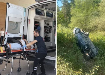 İnegöl’de lastiği patlayan araç şarampole yuvarlandı