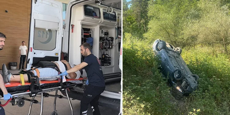İnegöl’de lastiği patlayan araç şarampole yuvarlandı