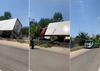 Bursa’da kontrolden çıkan TIR devrildi