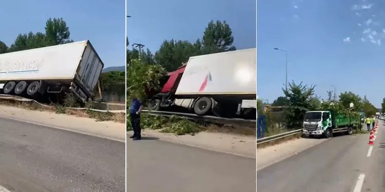 Bursa’da kontrolden çıkan TIR devrildi