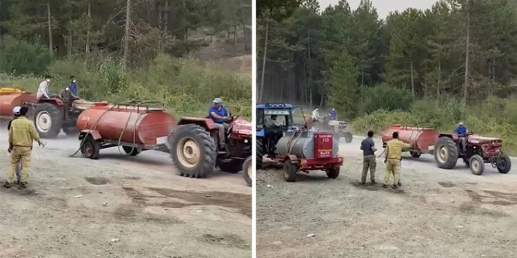 Bursa’da çiftçi patlak tekerlek ile yangına su taşıdı