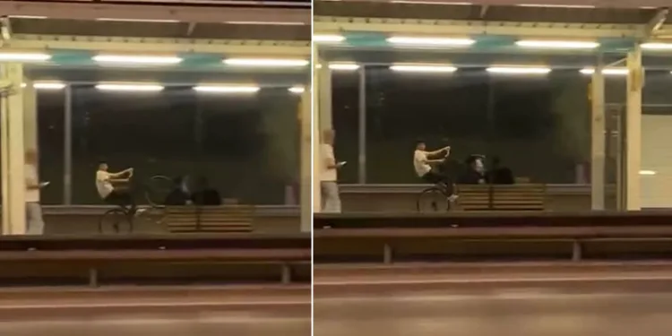 Bursa’da metro istasyonunda tek teker üzerinde bisiklet sürdü