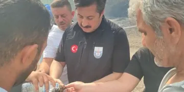 Ercan Özel yangından etkilenen kaplumbağaya suyla müdahale etti