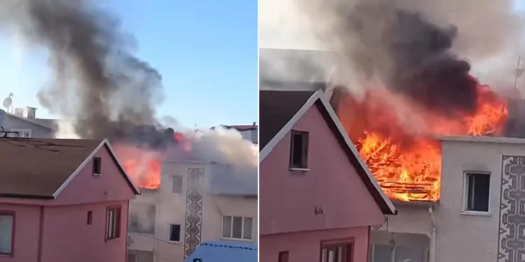 Bursa’da 3 katlı binanın çatısı alev alev yandı
