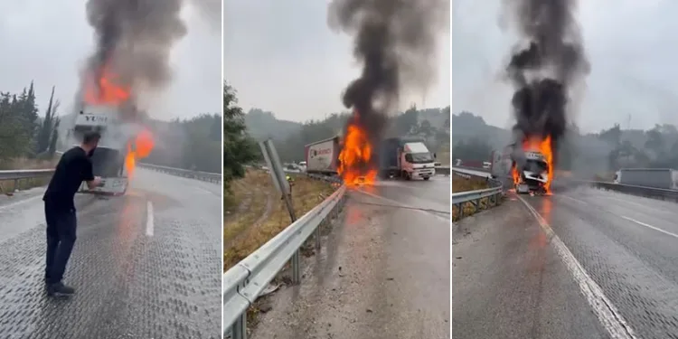 Bursa’da seyir halindeki tır alev alev yandı