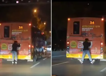 Bursa’da otobüsün arkasında tehlikeli yolculuk
