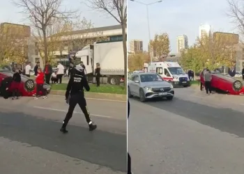 Bursa’da iki araç çarpıştı, takla atan otomobilde sürücü sıkıştı