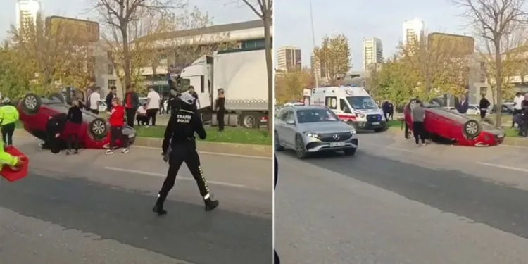 Bursa’da iki araç çarpıştı, takla atan otomobilde sürücü sıkıştı