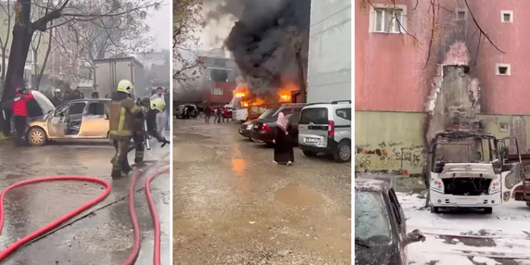 Bursa’da park halindeki midibüs alev alev yandı