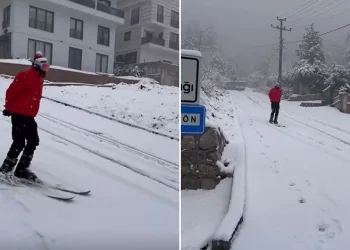 Bursa’da vatandaş şehir merkezinde kayak yaptı