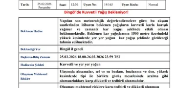 Bingöl için ‘Kuvvetli Yağış’ uyarısı