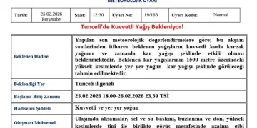 Tunceli için ‘Kuvvetli Yağış’ uyarısı