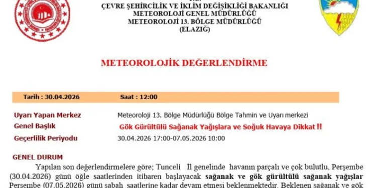 Tunceli için sağanak yağış uyarısı