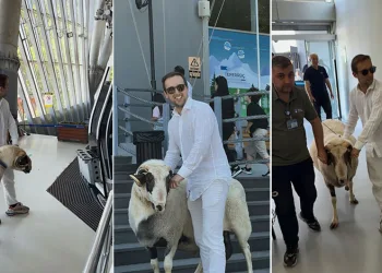 Bayramda keseceği koçla teleferik keyfi yaptı
