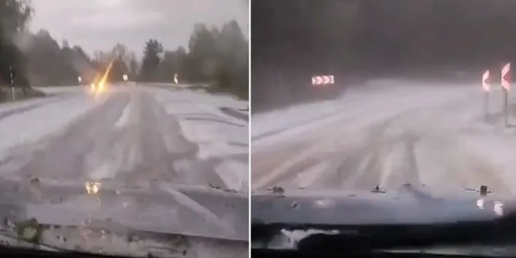 Dolu yağışı yolu beyaza bürüdü