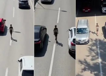Bursa’da canını hiçe sayarak akan trafikte böyle yürüdü
