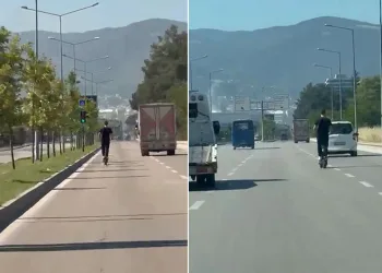 Elektrikli scooter üzerinde tehlikeli yolculuk