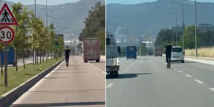 Elektrikli scooter üzerinde tehlikeli yolculuk
