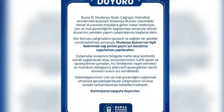 Mudanya Bulvarı’nda istinat duvarı çalışması: Trafik kontrollü sağlanacak