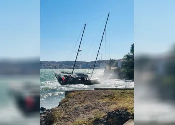Balıkesir’in Ayvalık ilçesinde saatte 65 kilometre hıza ulaşan kuvvetli fırtına etkisini sürdürüyor.