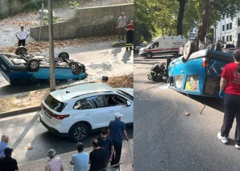 Ağaca çarpan otomobil ters döndü